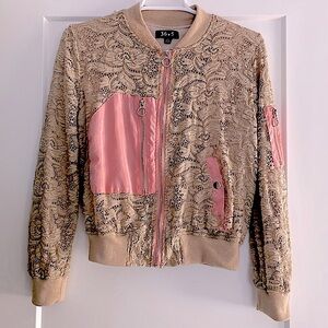 tan pink light jacket front zipper bomber round neck 3 pockets GUC beige lace